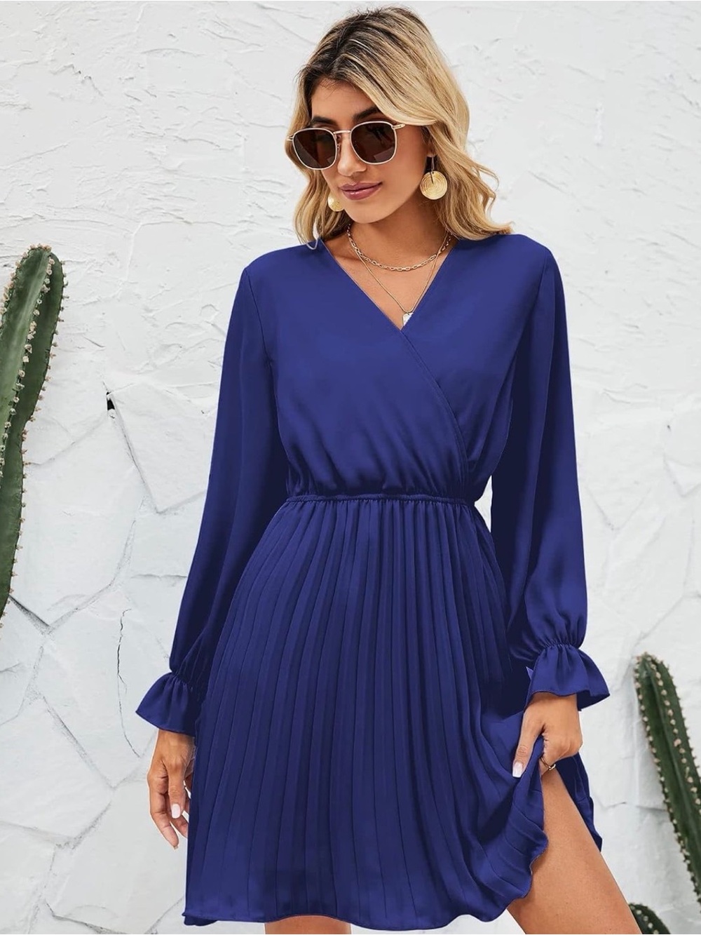 Women's Royal Blue Long-Sleeve Pleated Midi Dress - Medium